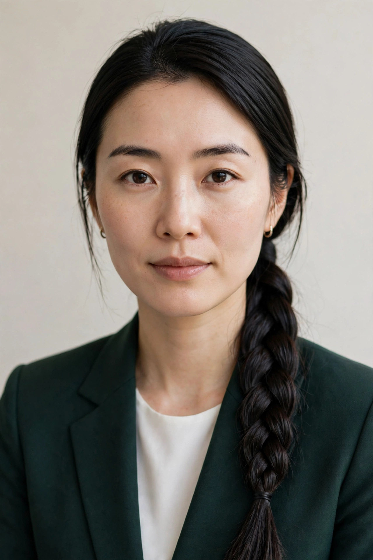 Woman with a low braided hairstyle, a practical work hairstyle for long hair