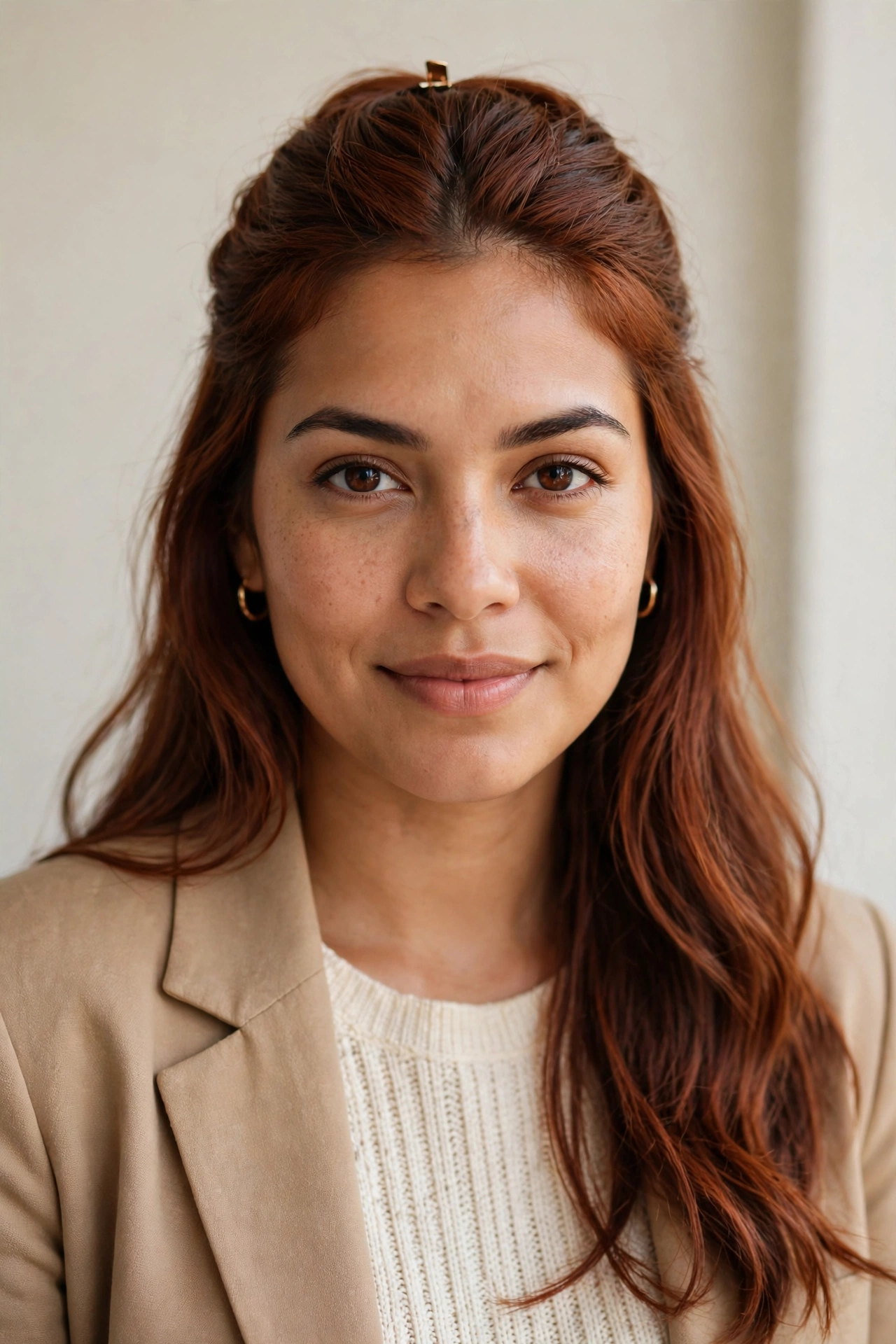 Woman with a half-up office hairstyle, a versatile work hairstyle