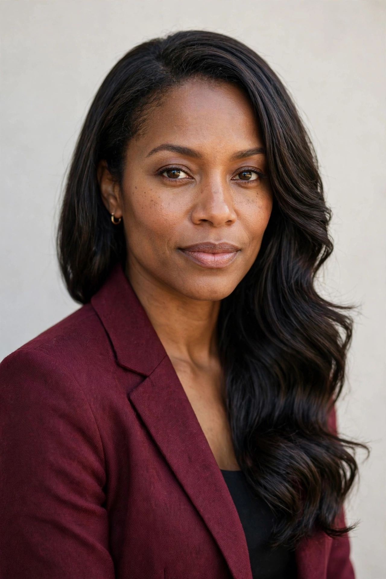 Woman with soft side-parted waves, a feminine work hairstyle