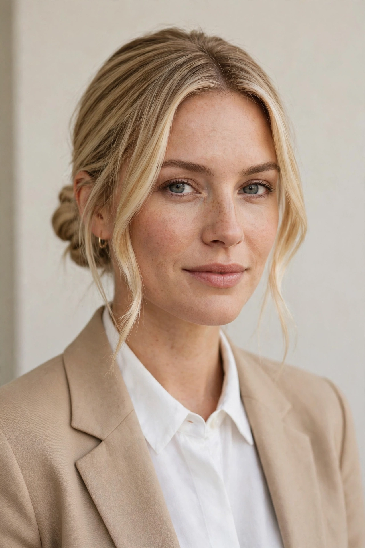 Woman with a low knot bun and face-framing layers, a trendy work hairstyle