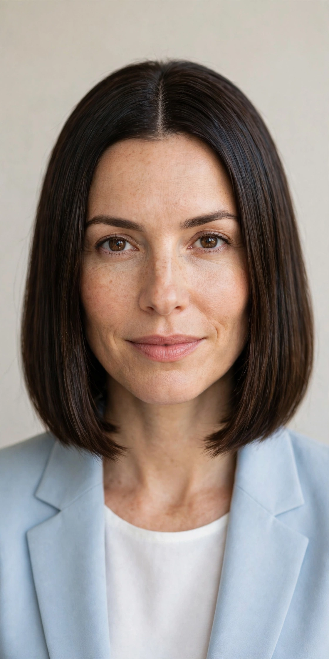 Woman with a center-part blunt bob, a sharp work hairstyle