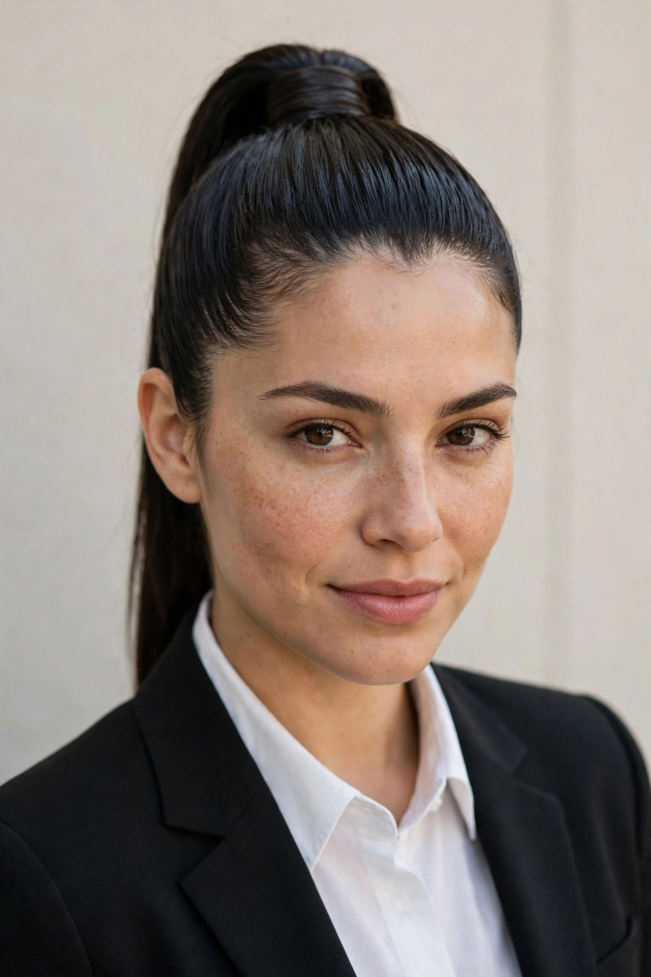 Woman with a sleek high ponytail, a confident work hairstyle