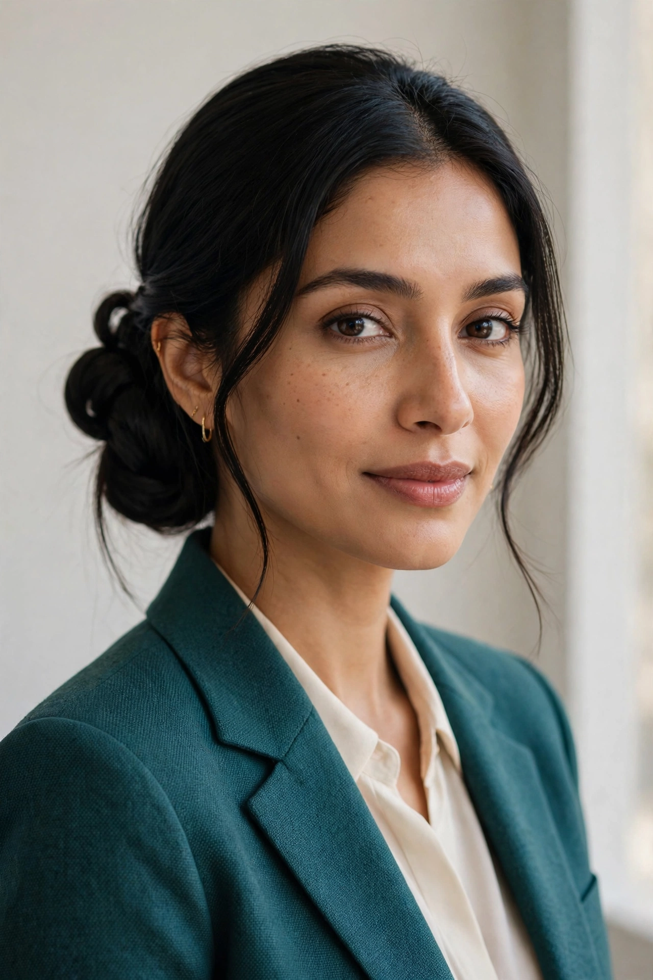 Woman with an elegant low side bun, a graceful work hairstyle