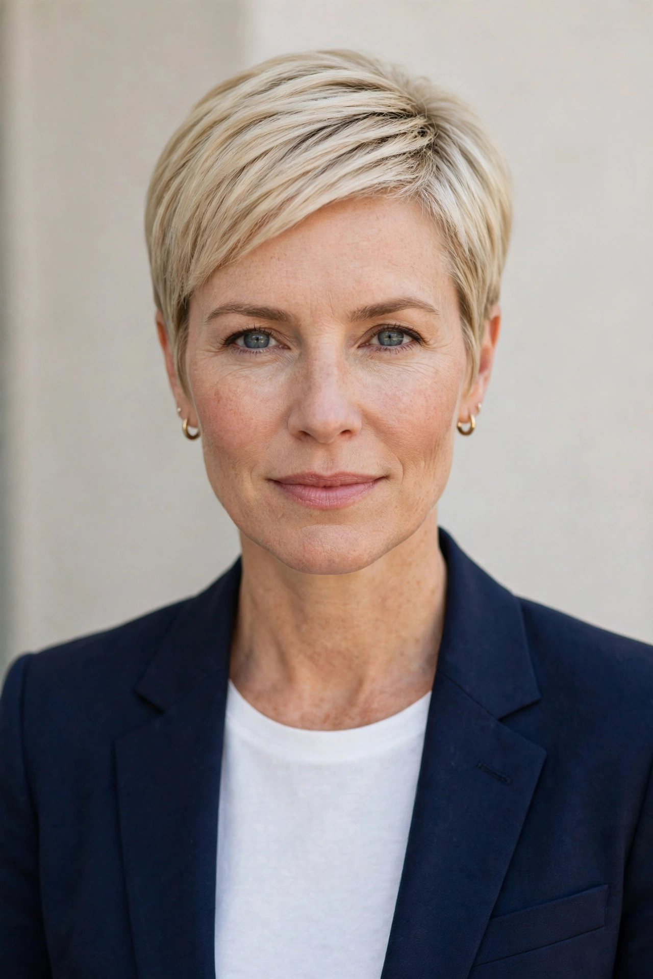 Woman with a polished pixie cut, a bold work hairstyle