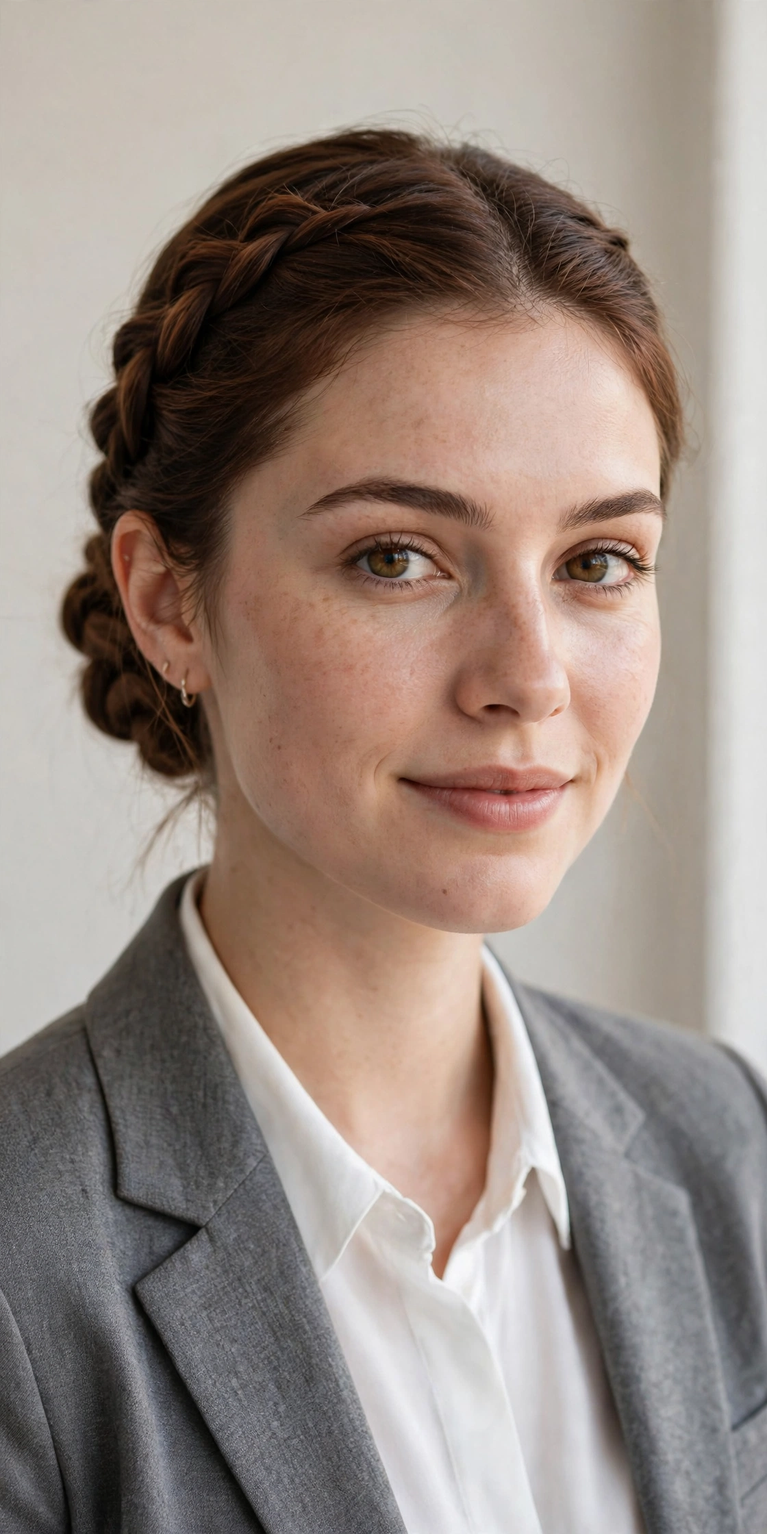 Woman with a low braided knot updo, an intricate work hairstyle